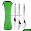 Flatware Sets Portable Set With Zipper Bag Outdoor Travel Cam Recyclable Cutlery Pouch Forks Spoon Knife Dinnerware Kit Drop Deliver Dhped