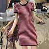 Casual Jurken Koreaanse Gestreepte T-shirt Vrouwen Zomer O-hals Korte Mouw Slanke Mini Jurk Match Rode Vestidos Vrouwelijke Polyester M-3XL