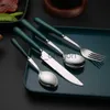 Conjuntos de louça com cabo de cerâmica colher garfo bife faca talheres de aço inoxidável verde dourado colheres de chá conjunto de talheres para casa novos utensílios de cozinha x0703