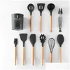 Ustensiles de cuisine 9/11/12Pcs Sile Set Antiadhésif Spata Pelle Manche En Bois Outils Avec Boîte De Rangement Cuisine 407 Drop Delivery Home Gard Dhduj