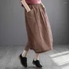 Skirts 2023 Spring Arts Style Women Elastic Waist Loose Long A-line Skirt Vintage Print Casual Cotton Linen Top Quality V738