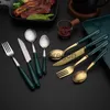 Conjuntos de louça com cabo de cerâmica colher garfo bife faca talheres de aço inoxidável verde dourado colheres de chá conjunto de talheres para casa novos utensílios de cozinha x0703