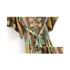 Bluzki damskie koszule czeski V Neck paw kwiat wydruku długa koszula kimono etniczne sznurowanie z szarfami kardigan luźna bluzka T Dh7Tl