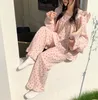 Vrouwen Nachtkleding Herfst Katoen Linnen Plaid Leuke Pyjama Losse Casual Student Lange mouwen Broek Thuis Kleding 2 stuk pak Japanse Kawai