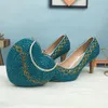 Geklede Schoenen Teal Blauwe Parel Bruiloft Met Bijpassende Tassen Bruid Feest Hoge Hakken Platform Open Teen Schoen Vis Groen