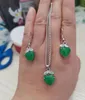 amour coeur vert malais jade 925 argent pendentif collier boucles d'oreilles ensemble 2 pièces ensemble de bijoux