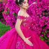 Gül kırmızı prenses balo elbisesi quinceanera omuz kapalı 3dflowers aplikeler boncuk tatlı 16 elbise vestidos de 15 anos bağdaş