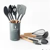 Ustensiles de cuisine 9/11/12Pcs Sile Set Antiadhésif Spata Pelle Manche En Bois Outils Avec Boîte De Rangement Cuisine 407 Drop Delivery Home Gard Dhduj