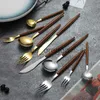 Dinnerware Sets Wood Handle Spoon Fork Stainless Steel Dessert Snack Forks Tea Spoons Steak Knife Lunch Tableware Dinnerware Kitchen Accessories x0703