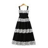 2023 Summer Black Contrast Color Panelled Lace Dress Spaghetti Strap Square Neck Midi Casual Dresses S3Q020621 Plus Size XXL