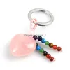 Porte-clés Coeur Forme Pierre Naturelle Sept Gland Porte-clés Sier Couleur Guérison Améthyste Rose Rose Cristal De Voiture Décor Porte-clés Pour Wom Dhwi8