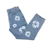 Vintage Floral Pattern Denim Jeans Blue Straight-Leg Non-Stretch Jogger Men Streetwear273T