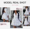 Womens Casual Dresses Spring Summer Deep V Neck Ruffle Long Sleeve Floral Print Mini Dress