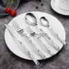 Serviser Set Marmor Handtag Rostfritt stål Silver Servis Western servis Steak Kniv Gaffel Dessertsked Bestick Köksredskap x0703