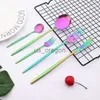 Dinnerware Sets Matte Rainbow Tableware Cutlery Set Stainless Steel Dinnerware Dinner Party Silverware Fork Spoon Knife Fruit Fork Flatware Set x0703