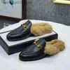 2020 Classic Fashion Women Genuine Flat Mules Men Leather Fur Metal Chain Shoes Loafers Outdoor Slippers 46 T230703