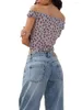 T-shirts Femme Été Hors Épaule Crop Tops Fleur Imprimé Sexy Col Bateau Fente Tie-Up Avant T-Shirts Slim Fit Sans Manches Streetwear