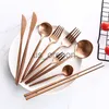 Geschirr-Sets, Roségold, Besteck-Set, Buttermesser, Essstäbchen, Steakmesser, Gabel, Kaffeelöffel, Teelöffel, Zuhause, Party, Reisen, Hochzeit, edles Geschirr x0703