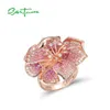 With Side Stones SANTUZZA 925 Sterling Silver Rings For Women Lab Created Ruby/Pink Sapphire Gradient Flower Blossom Wedding Fine Jewelry 230701