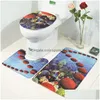 Housses de siège de toilette Tapis antidérapants Flanelle Starfish Shell Imprimé 3 pièces Ensemble de salle de bain Tapis Tapis de bain antidérapants Drop Delivery Home Gar Dhwmo