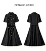 2023 Summer Black Solid Color Waist Belted Dress Short Sleeve Lapel Neck Buttons Midi Casual Dresses W3L049408