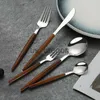 Dinnerware Sets Wood Handle Spoon Fork Stainless Steel Dessert Snack Forks Tea Spoons Steak Knife Lunch Tableware Dinnerware Kitchen Accessories x0703