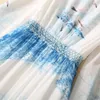 2023 Autumn White Blue Sweethearts Birds Print Elastic Waist Cotton Dress Long Sleeve Round Neck Long Maxi Casual Dresses S3Q020628 Plus Size XXL