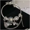 Charm Bracelets Fashion 925 Sterling Sier Pink Murano Lampwork Glass European Beads Five Petals Flower Crystal Crown Dangle Fits Pan Dhvsf