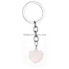Key Rings Heart Shape Natural Stone Keychains Sier Color Healing Amethyst Pink Crystal Car Decor Keyholder For Women Men Drop Delive Dhnem