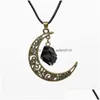 Pendant Necklaces Bronze Hollow Moon Irregar Ore Rough Stone Tiger Eye Agates Healing Crystal Quartz Jewelry Making Drop Delivery Pen Dhvlw