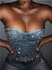 T-shirt Sexy Halter Denim Strass Corset Crop Top Femmes Été 2023 Glitter Cropped Y2k Débardeur Dos Nu Club Party Femmes Tube Tops