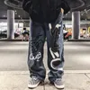 Mäns jeans y2k mens koreanska casual streetwear blue harajuku vintage jeans graffiti bred ben baggy rak denim byxor byxor män kläder 230701