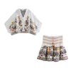 Women's Blouses 2 Piece Sets Cropped Blouses For Women Tops Boho Summer Print V-neck Lotus Leaf Sleeve Loose Pleated Elastic High Waisted Layered Skirt Set