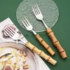 Dinnerware Sets Creative Natural Bamboo Dinnerware Set 304 Stainless Steel Cutlery Silver Knife Dessert Fork Spoon Tableware Luxury Flatware 1Pc x0703