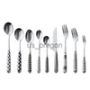 Dinnerware Sets Household Knife Fork Spoon Creative Geometry Wave Point Ceramic Handle Stainless Steel Tableware Highgrade Fruit Knife and Fork x0703