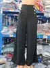 Kadınlar iki parçalı pantolon yaz kadın düğmesi dekor yüksek bel geniş bacak zarif gevşek pantolon Kore moda sokak kıyafetleri 230703