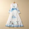 2023 Autumn White Blue Sweethearts Birds Print Elastic Waist Cotton Dress Long Sleeve Round Neck Long Maxi Casual Dresses S3Q020628 Plus Size XXL