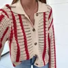 여자 스웨터 겨울 크로 셰 뜨개질 대형 가디건 줄무늬 가을 귀여운 레트로 스웨터 니트 긴 아름다운 빨강