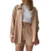 Casual Dresses Summer Linen Drawstring Shorts Sets Women 2 Pieces 2023 Long Sleeve Spring Tops Loose Elastic Waist Suits Shirts Blouse