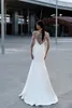 Moda sereia vestidos jóia vestido de cetim contas mangas compridas trem varredura vestidos de noiva de casamento