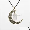 Pendant Necklaces Bronze Hollow Moon Irregar Ore Rough Stone Tiger Eye Agates Healing Crystal Quartz Jewelry Making Drop Delivery Pen Dhvlw