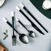 Servis set i rostfritt stål servis set Kniv och gaffel Sked Bordsservis Steak Chopstick Sked Set Black Simple Western servis x0703