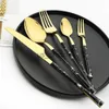 Dinnerware Sets Black Gold Stainless Steel Sets Mirror Marble Texture Tableware Western Food Dinner Knife Fork Cutleries Teaspoon Silverware Set x0703