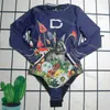 Womens Long Sleeved Swimsuit Letter Printed Swimsuit Summer Quick Drying Swimsuit Sexy One Piece Surf Diving Swimwear