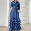 Vestidos Casuais Anti-Pilling Clássico Office Lady Bainha Ruffle Camisa de Cor Sólida Vestido Botões Até o Chão Carcela Para Festa