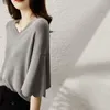 Pulls pour femmes col en v Flare fleur manches 2023 couleur unie femmes minces pulls gris tricot t-shirts Femme décontracté tempérament élastique élégant