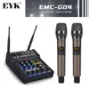 Gitaar Eyk Stereo Audio Mixer Ingebouwde UHF Draadloze Microfoons 4 Kanalen Mengpaneel met Bluetooth Usb Effect voor Dj Karaoke Pc Gitaar