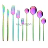 Dinnerware Sets Matte Rainbow Tableware Cutlery Set Stainless Steel Dinnerware Dinner Party Silverware Fork Spoon Knife Fruit Fork Flatware Set x0703