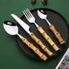 Dinnerware Sets Creative Natural Bamboo Dinnerware Set 304 Stainless Steel Cutlery Silver Knife Dessert Fork Spoon Tableware Luxury Flatware 1Pc x0703