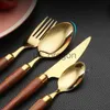 Dinnerware Sets Baltens Dinnerware Wooden Handle Cutlery Set Clamp Western Tableware Stainless Steel Knife Fork Tea Spoon Portable Silverware x0703